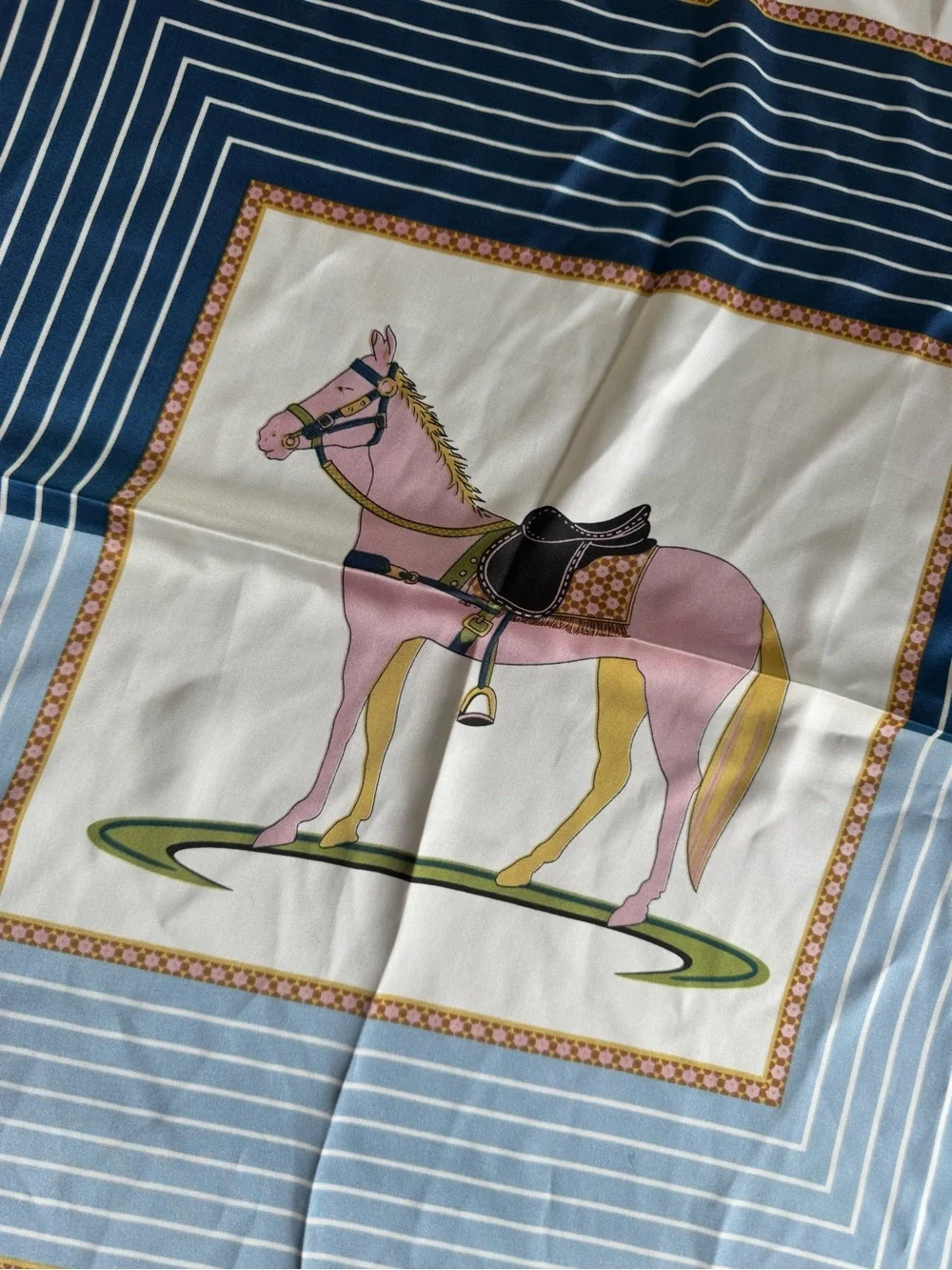 Vintage Equestrian Horse Print Satin Scarf Blue Pink Green Square Riding Motif